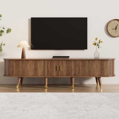 MODFU - TV-Meubel - Rotan Schuifdeur - Landelijke Stijl - Woonkamer - MDF - Walnootkleur - 175 X 38 X 45 Cm