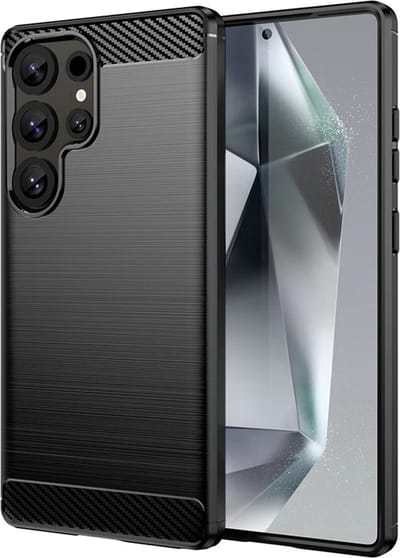 MobyDefend Hoesje - Geschikt voor Samsung Galaxy S25 Ultra - TPU Backcover - Geborstelde Metaal & Carbon-Look - Zwart