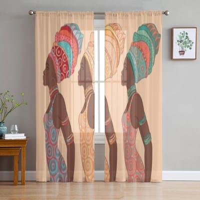 Mooie Afro-Amerikaanse Vrouw Traditionele Chiffon Transparante Gordijnen voor Woonkamer Slaapkamer Raamgordijn Voiles Tule Cortinas 135W x 114H(cm) brown
