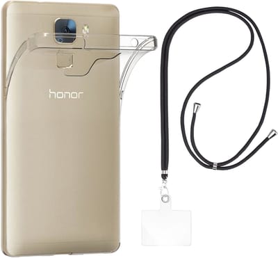 Set met hoesje en nekband voor huawei honor 7 - Flexibele, transparante TPU-bescherming, verstelbare universele nekband voor mobiele telefoons, zwarte nekband, transparante draagriem van Phonillico®