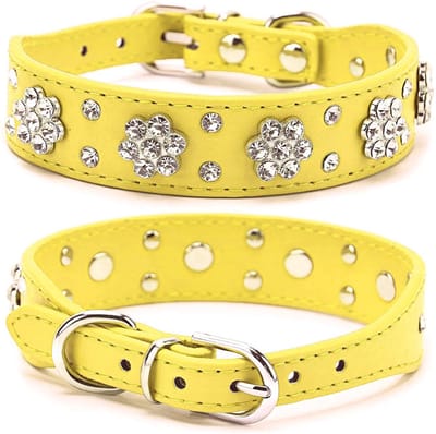 Store_9 - Strass halsband - Bloemenprint - Verstelbaar - Geel - Bling kraag - Geschikt voor katten - Kunstleer