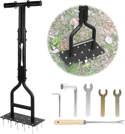 lalago Lawn Fan, 97 cm, Manual Scarifier, with Shelf and Garden Tools, Lawn Aerifier, Hand Lawn Woodpecker, Garden for Lawn or Courtyard, Compacted Floors, Lawn Care