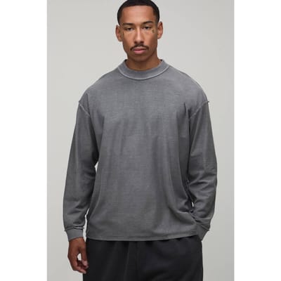 Oversized Gewassen T-shirt Met Lange Mouwen En Zichtbare Naden | Charcoal | Size XS