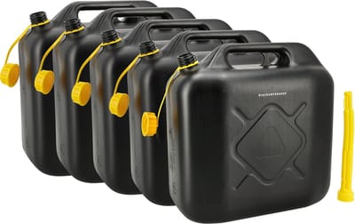 Jerrycan 20 Liter Zwart – Set van 5 – Kunststof Brandstof Jerrycans voor Benzine & Diesel met Schroefdop en Schenktuit