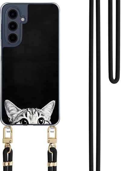 Telefoonhoesje met koord geschikt voor Samsung A16 - Kat kiekeboe - Inclusief Zwart koord - Transparant, Zwart - Print - Crossbody beschermhoes - Met Telefoonketting