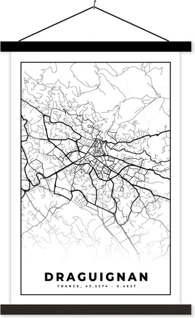 Posterhanger incl. Poster 40x60 cm - Schoolplaat - Plattegrond - Draguignan - Kaart - Frankrijk - Stadskaart - Zwart wit - Textielposter - Zwarte latten - Stadskaart