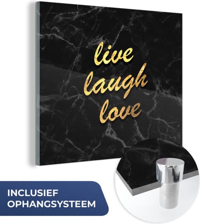 MuchoWow® Glasschilderij 20x20 cm - Schilderij acrylglas - Quote - Love - Marmer - Goud - Foto op glas - Schilderijen