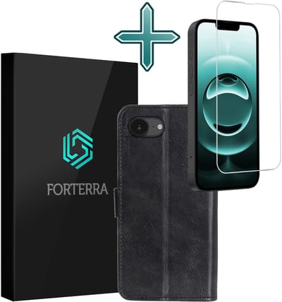 Hoesje Met Screenprotector - Geschikt voor Apple iPhone 16e - Luxe Pasjeshouder - Flipcase - Bookcase Portemonee - Flip Case - Kunstleer Book Case - Book Cover - Walletcase - Portemonneehoes - Zwart