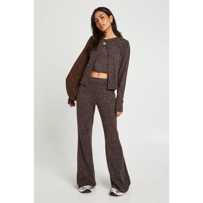 boohoo Dames 3-Delige Geribbelde Doorknoop Vest en Broek Set | Mokka | Maat: 38