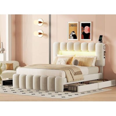 ModernLuxe Fluweel gestoffeerd bed - 140x200cm - 4 lades + LED + Oplaadpoorten + Lezer - Beige