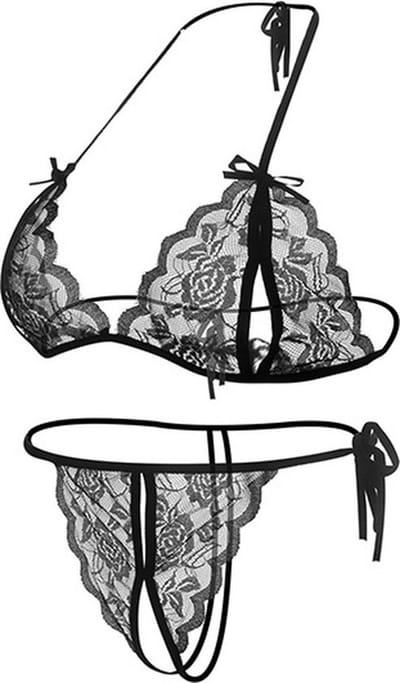 Erotische Lingerieset I Sexy Kanten Lingerie Set I Open Kruis I Top + Slip I One Size I Zwart