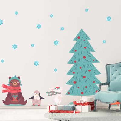 Kerststickers van Scandinavische dieren in de sneeuw - zelfklevende kerststickers - feestdecoraties - 75x50cm