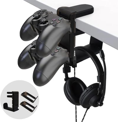 Gaming headset houder voor onder bureau met controller haak in zwart