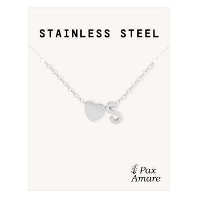Letter S Ketting Zilverkleurig - Stainless Steel - Initiaal & Hartje Hanger - Initialen Ketting op Cadeau Kaartje - Pax Amare