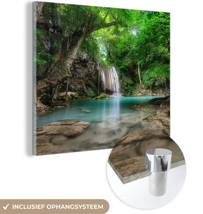 MuchoWow® Glasschilderij 20x20 cm - Schilderij acrylglas - Jungle - Waterval - Planten - Water - Natuur - Foto op glas - Muurdecoratie woonkamer - Wanddecoratie slaapkamer - Schilderijen