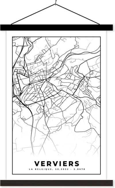 Posterhanger incl. Poster 40x60 cm - Schoolplaat - België – Verviers – Stadskaart – Kaart – Zwart Wit – Plattegrond - Textielposter - Zwarte latten - Stadskaart