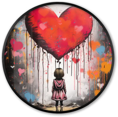 Poster in lijst Rond - Fotolijst 60x60 cm - Posters - Meisje - Hart - Graffiti - Kunst - Kleuren - Rood - Ronde posterlijst zwart - Decoratie - Wanddecoratie woonkamer - Muurdecoratie slaapkamer
