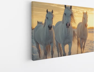 Saammp Canvas Schilderij - paarden in de sneeuw met zonsopgang - Dieren - Natuur - 45x30 - Foto op canvas - Wanddecoratie - muurdecoratie Woonkamer - Slaapkamer decoratie - Canvas Print