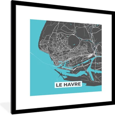 Fotolijst incl. Poster - Le Havre - Plattegrond - Kaart - Stadskaart - Frankrijk - 40x40 cm - Posterlijst