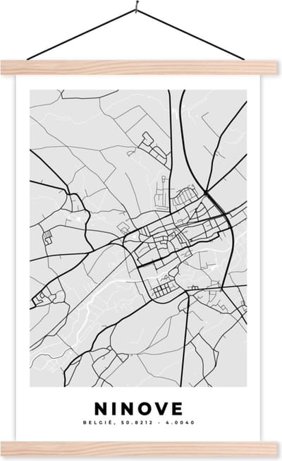 Posterhanger incl. Poster 40x60 cm - Schoolplaat - Stadskaart – Plattegrond – België – Zwart Wit – Ninove – Kaart - Textielposter - Blanke latten - Stadskaart