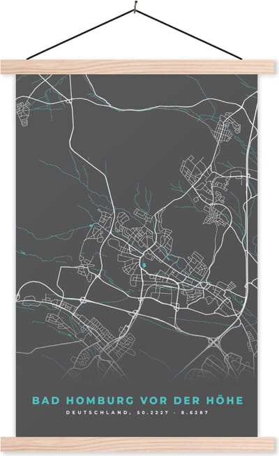 Posterhanger incl. Poster 40x60 cm - Schoolplaat - Stadskaart – Kaart – Bad Homburg vor der Höhe – Blauw – Duitsland – Plattegrond - Textielposter - Blanke latten - Stadskaart