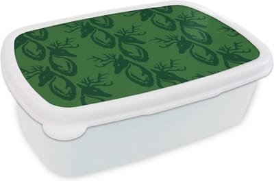 Broodtrommel Wit - Lunchbox - Brooddoos - Patronen - Groen - Hert - 18x12x6 cm - Volwassenen