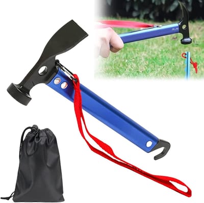 Multifunctionele Campinghamer 30 cm met Haak en Mini Hoo, Lichtgewicht Aluminium, Ideaal voor Buitenactiviteiten en Kamperen, Inclusief Opbergtas, Blauw
