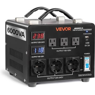 VEVOR 6000va Step-Up/Step-Down Transformator, 110v Naar 220v & 220v Naar 110v, Spanningsomvormer met 3 Amerikaanse Stopcontacten, 3 Europese Stopcontacten, Lcd-Scherm, Stroomonderbreker