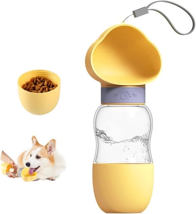 Draagbare hondenwaterfles en voederdispenser 2-in-1 voor wandelen en reizen, 12,7 oz, ideaal voor huisdieren