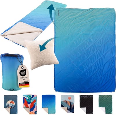 Camping Deken - Outdoor Dekbed - Kamperen Picknicken - 4-in-1 Functionaliteit - 200 x 135 cm - Blauw Teddy