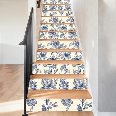 Dailygoods- Trapschil Handgetekende Planten - 15 Stuks - Afneembare PVC Stickers - Waterdicht - 100 x 18 cm - Blauw/Wit Ontwerp - Muursticker