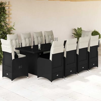 vidaXL - 11-delige - Bistroset - met - kussens - poly - rattan - zwart