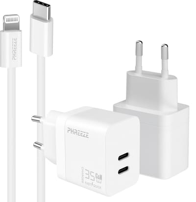 Phreeze usb C oplader met kabel geschikt voor iPhone en iPad met Lightning kabel - Power Delivery snellader - GaN charger met 2 usb C poorten