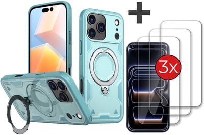 Hoesje Geschikt voor iPhone 17 Pro met 3 Stuks gehard glas Screenprotector - Armor hoes met Ringhouder - Arara backcover - Lake Blauw