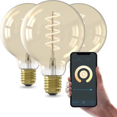 Calex Slimme LED Lamp - Set van 3 stuks - E27 - Spiraal Filament Gold G95 - Wifi Verlichting - Globe 9cm - Smart Lichtbron Goud - 7W Dimbaar Warm Wit licht