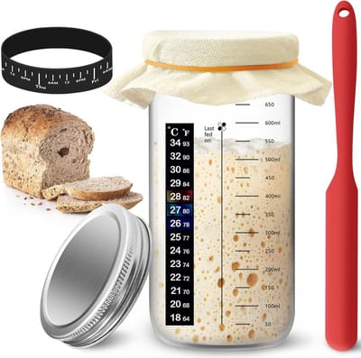 Famanu – Broodstarter pot met aluminium deksel - datumring - thermometerband en accessoires - duurzaam glas - ideaal voor het maken en bewaren van zuurdesem en andere starters - inclusief gebruiksvriendelijke tools