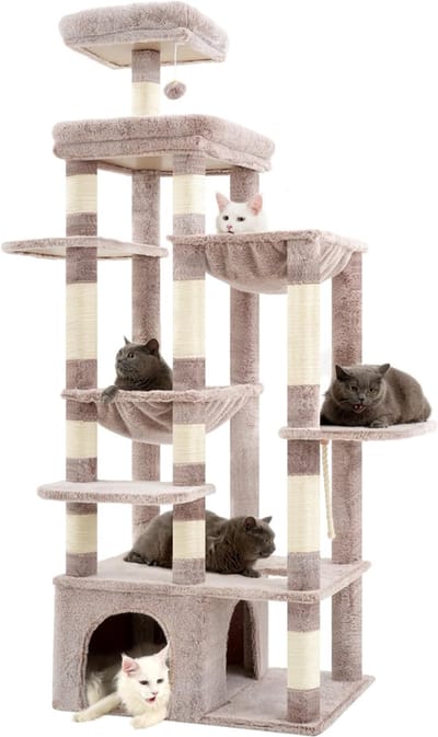 SNJY® Krabpaal Voor Grote Katten - Krabton - Kattenboom - Kattenhuis - Kattenmand - 50L x 70B x 180H cm - Bruin/Beige