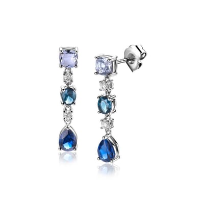 Zinzi zilveren langwerpige oorhangers 28mm met 3 verschillende tinten blauwe kleurstenen ZIO2397