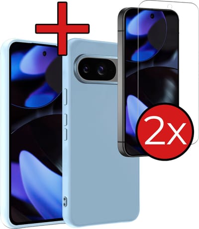 Hoesje - Met 2x Screenprotector - Geschikt voor Google Pixel 9 - Sterk & Shockproof - Telefoon Hoes - Back Cover - Siliconen Case - Telefoonhoes - Lichtblauw