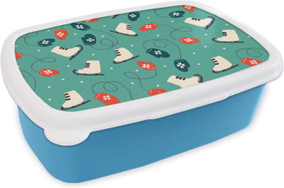 Broodtrommel Blauw - Lunchbox - Brooddoos - Schaatsen - Winter - Patronen - 18x12x6 cm - Kinderen - Jongen