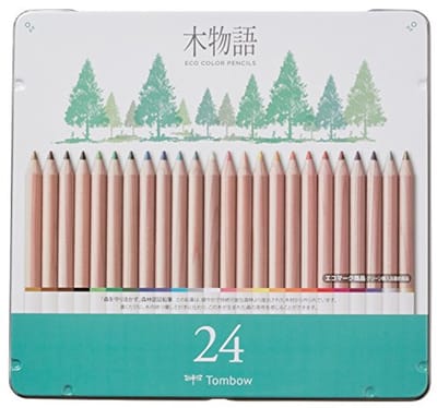 Tombow Ki-Monogatari Eco kleurpotloden, praktische metalen doos, PEFC-gecertificeerd, op was gebaseerd, set van 24 [CB-RS-24C]
