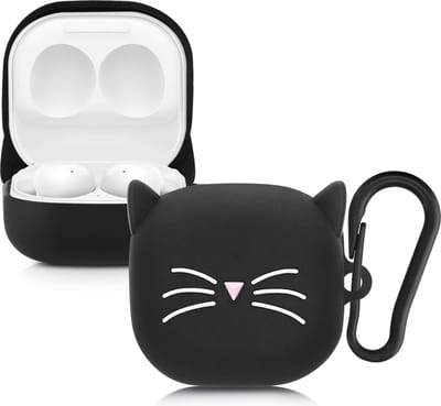 kwmobile Hoes geschikt voor Samsung Galaxy Buds 2 Pro / Buds 2 / Buds Live - Siliconen cover voor oordopjes in zwart / wit - Kat design