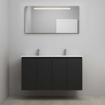 On-Line Badkamermeubelset - 120 cm - Bouwpakket - Greeploos 4 Deuren - Acryl Wastafel - 2 Kraangaten - Spiegel met LED-Verlichting - Mat Zwart