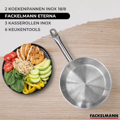 Set 2 pannen 20 24 cm roestvrij staal, 3 roestvrijstalen kookpotten 16, 20 en 24 cm en 6 RPET keukengerei Fackelmann Eterna