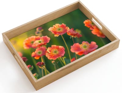 Dienblad hout 40x30 cm - Schootdienblad - Bloemenveld - Zonnestralen - Oranje - Borrelplank rechthoek - Plateau dienbladen