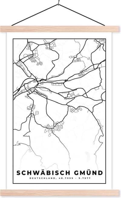 Posterhanger incl. Poster 40x60 cm - Schoolplaat - Schwäbisch Gmünd - Plattegrond - Kaart - Stadskaart - Textielposter - Blanke latten - Stadskaart