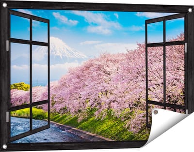 Gards Tuinposter Doorkijk Roze Bloesembomen bij de Fuji Berg - 90x60 cm - Tuindoek - Tuindecoratie - Wanddecoratie buiten - Tuinschilderij