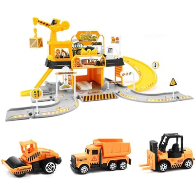 Ensemble de jouets de Garage, construction de véhicules de voiture, pistes de course pour garçons avec son léger, voiture en alliage 3 pièces jaune