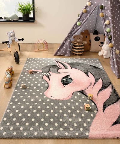 Kindervloerkleed unicorn - Adventures grijs/roze 80x150
