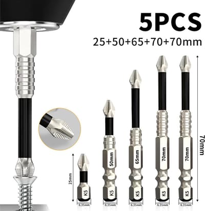 Hoogmagnetische schroefmachine boorset - 5 stuks K5 schokbestendige slijpboor - magnetische schroefmachine kop - 25+50+65+70+70mm(5 stuks)